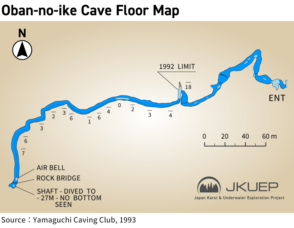 大番の池の洞窟の水中地図。日本人及びイギリスのケーブダイバーによって探検された。