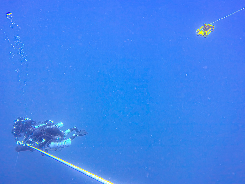 During decompression. The ROV, which accompanied us part of the way, is also visible.